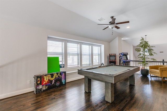 game room with pool table, dark hardwood / wood-style flooring, ceiling fan, and vaulted ceiling