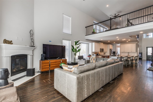 living room featuring a towering ceiling and dark hardwood / wood-style floors