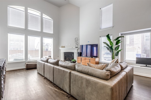 living room with light wood-type flooring, a wealth of natural light, and a high ceiling