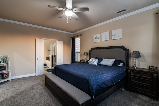 carpeted bedroom featuring ceiling fan, connected bathroom, and ornamental molding