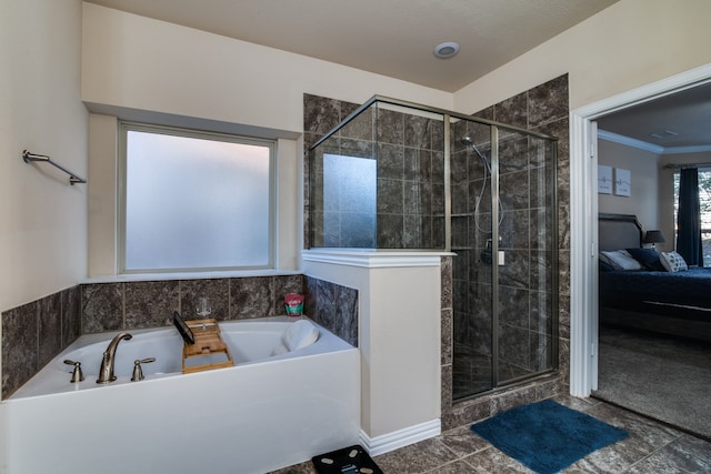 bathroom featuring plus walk in shower, tile patterned floors, and ornamental molding