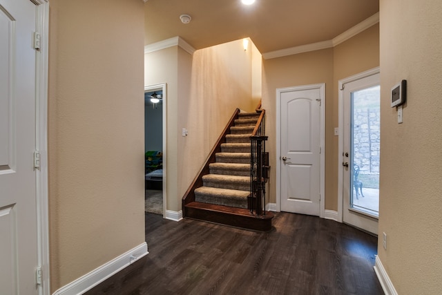 entryway with dark hardwood / wood-style flooring and crown molding