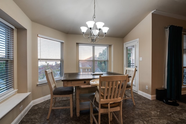 tiled dining space featuring lofted ceiling and an inviting chandelier