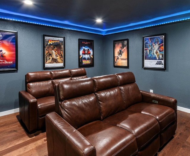 cinema featuring hardwood / wood-style floors