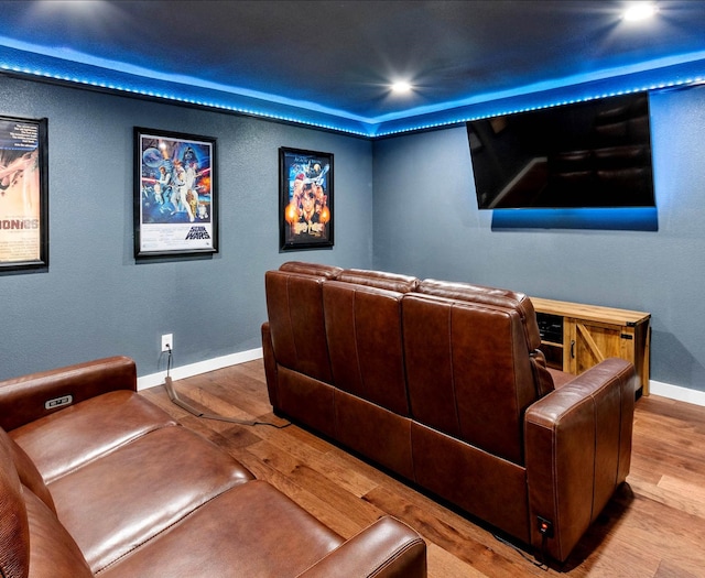 home theater room featuring light hardwood / wood-style flooring