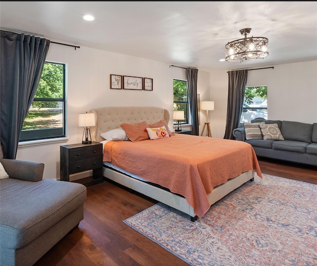 bedroom featuring dark hardwood / wood-style flooring and multiple windows