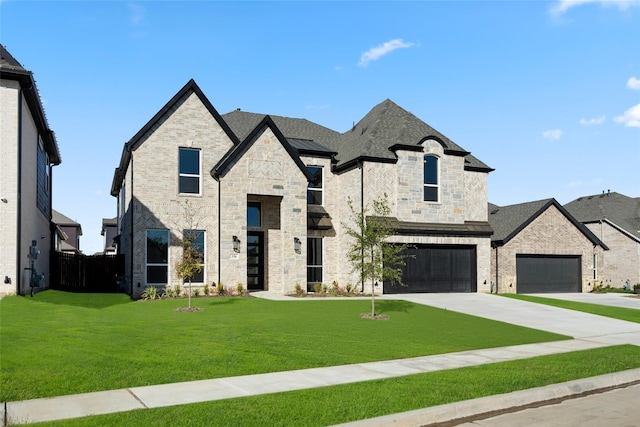 french country inspired facade featuring a garage and a front lawn