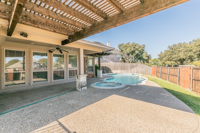 view of pool with a pergola, ceiling fan, a patio, and an in ground hot tub