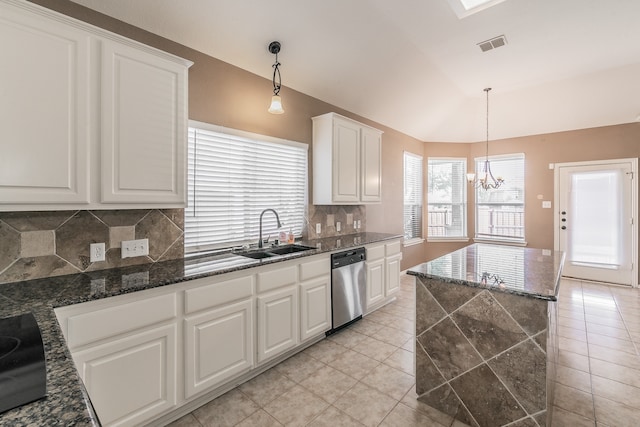 kitchen featuring a center island, dishwasher, sink, white cabinetry, and decorative light fixtures