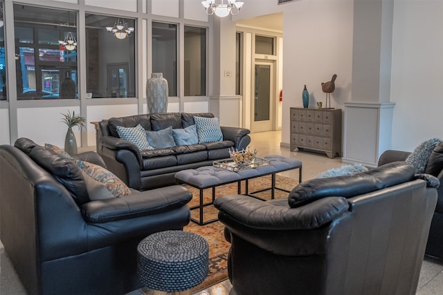 living room featuring an inviting chandelier