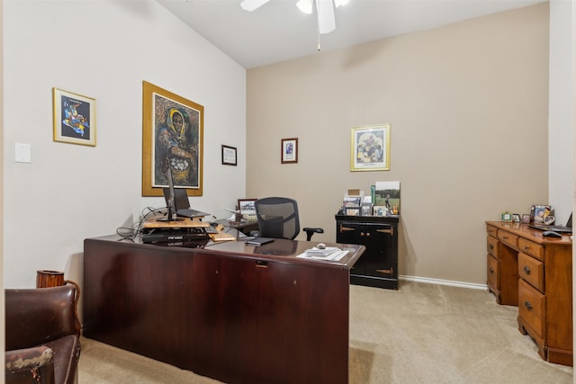 office with light colored carpet and ceiling fan