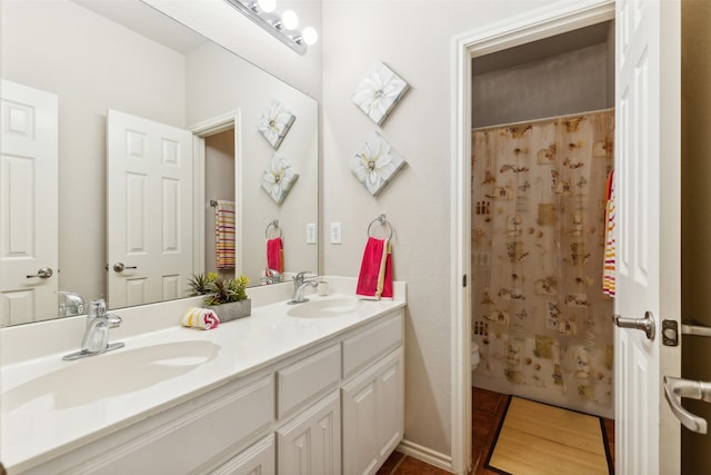 bathroom with vanity, hardwood / wood-style flooring, toilet, and a shower with shower curtain