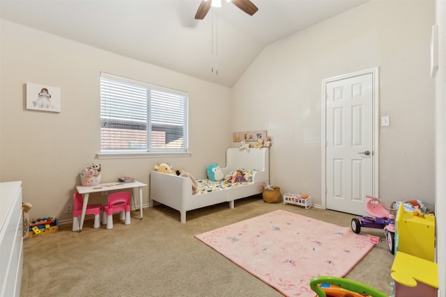 carpeted bedroom featuring ceiling fan and lofted ceiling