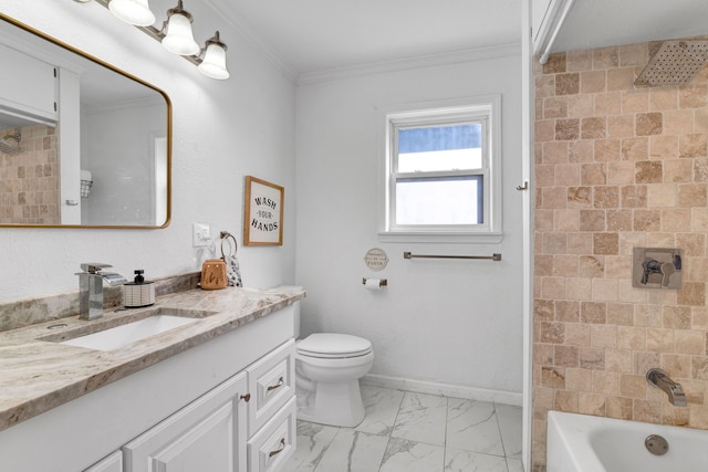 full bathroom with toilet, vanity, tiled shower / bath, and ornamental molding