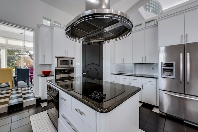 kitchen with black appliances, island range hood, a center island, and white cabinetry