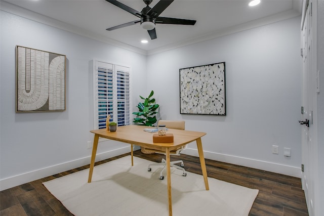 office area featuring crown molding, dark hardwood / wood-style flooring, and ceiling fan