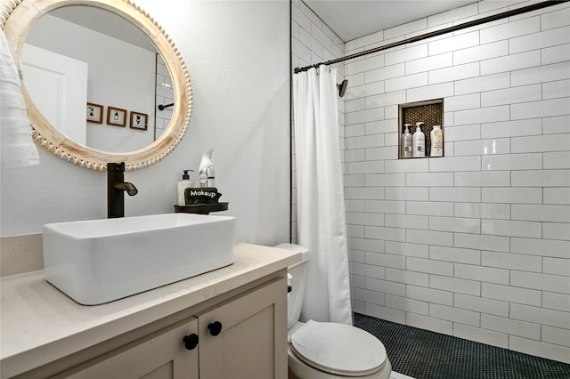 bathroom featuring toilet, vanity, and a shower with shower curtain