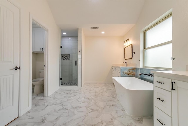 full bathroom with vanity, toilet, plus walk in shower, and vaulted ceiling