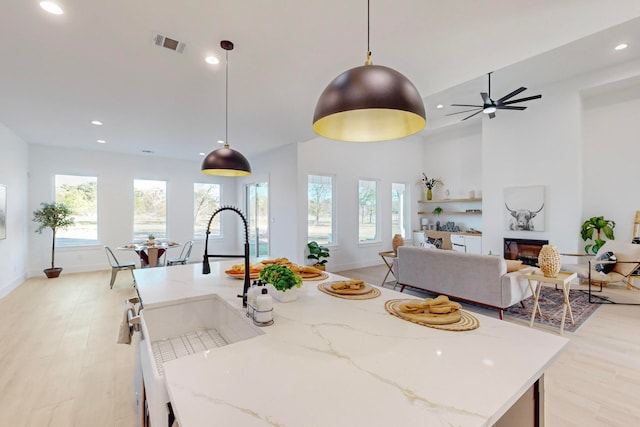 kitchen with light hardwood / wood-style floors, a center island with sink, and plenty of natural light