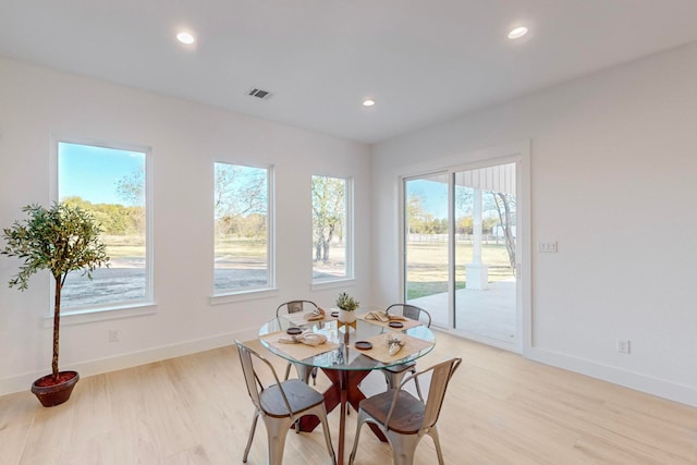 dining room with light hardwood / wood-style flooring and a healthy amount of sunlight