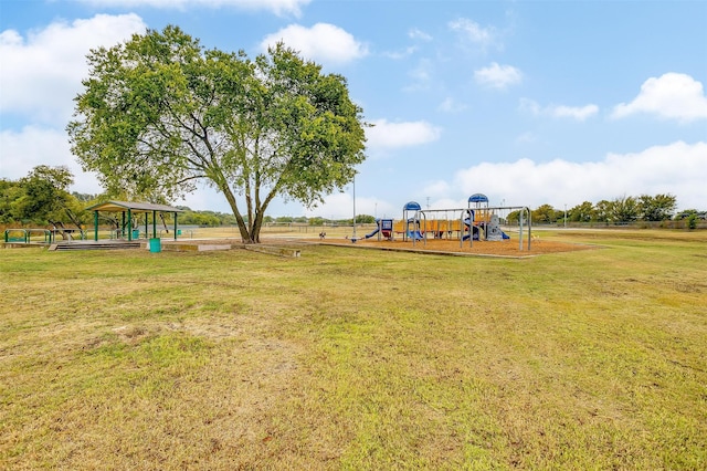 view of play area with a yard and a gazebo