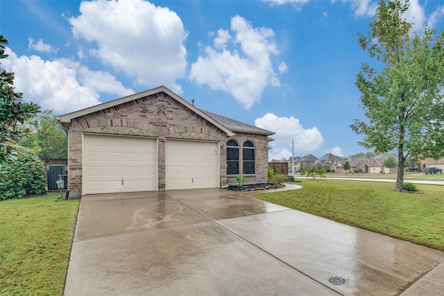 ranch-style house with a front lawn, a garage, and cooling unit