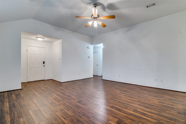 unfurnished room with vaulted ceiling, ceiling fan, and dark hardwood / wood-style flooring