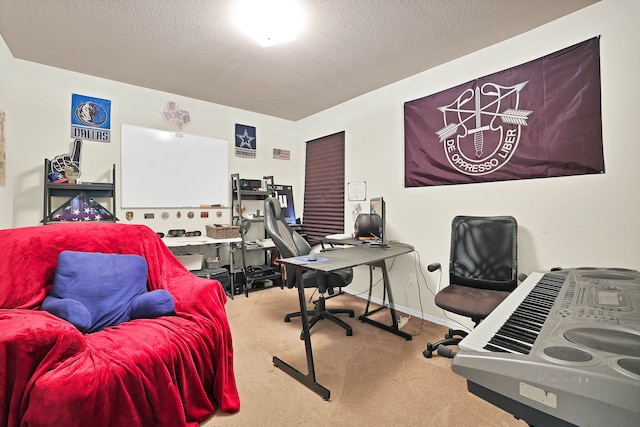 office area featuring carpet flooring and a textured ceiling