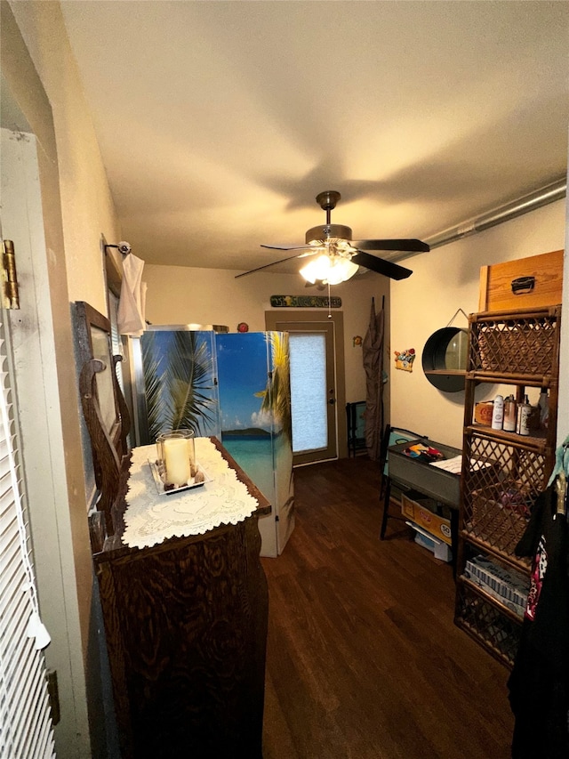 bedroom featuring dark wood-type flooring and ceiling fan