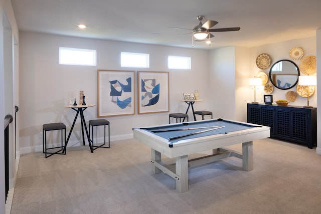 game room featuring pool table, light carpet, and ceiling fan