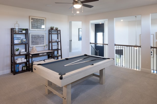 game room with carpet flooring, pool table, and ceiling fan