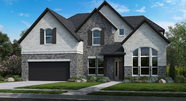 french provincial home with a garage and a front yard