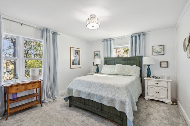 carpeted bedroom with crown molding