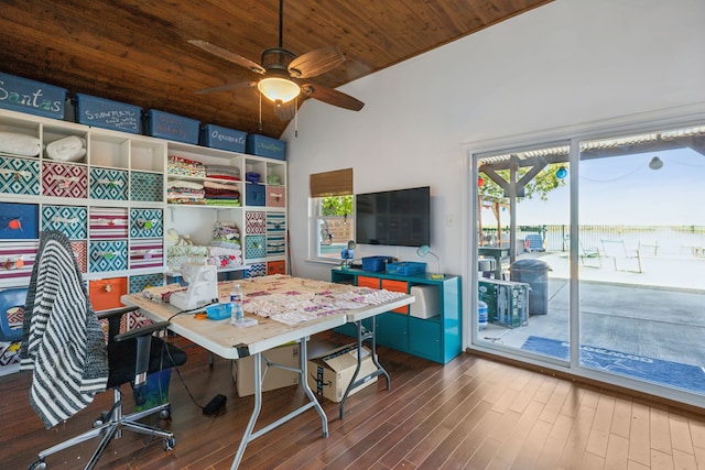 office with ceiling fan, a wealth of natural light, dark hardwood / wood-style floors, and wooden ceiling