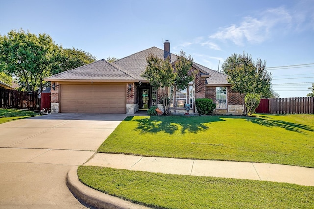 single story home featuring a front yard and a garage