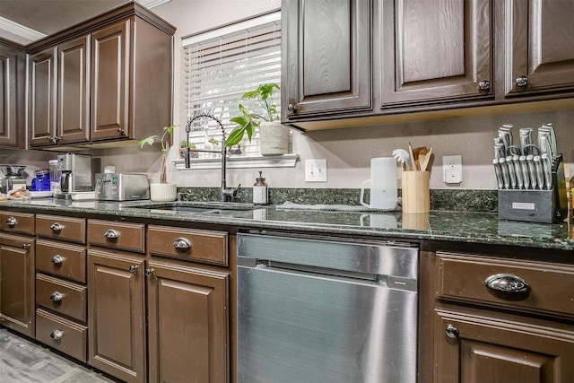 kitchen with dishwasher, sink, crown molding, dark stone countertops, and dark brown cabinets