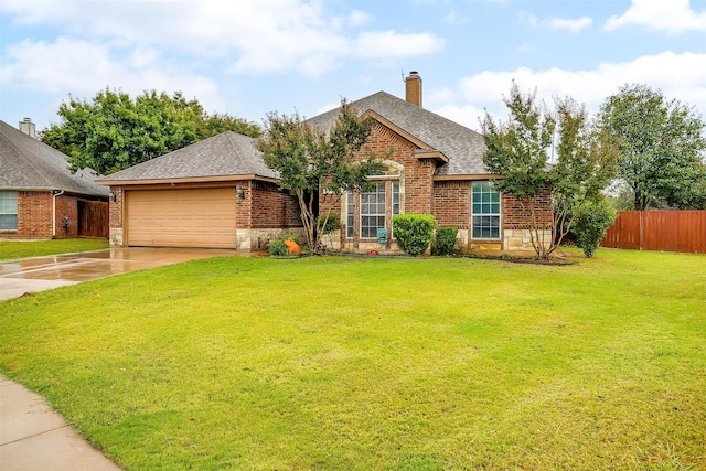 single story home with a garage and a front lawn