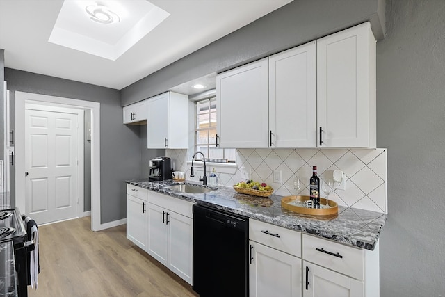 kitchen with dark stone counters, backsplash, black dishwasher, stainless steel electric range oven, and white cabinets