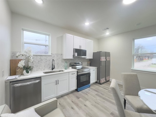 kitchen featuring sink, white cabinetry, stainless steel appliances, and light hardwood / wood-style flooring