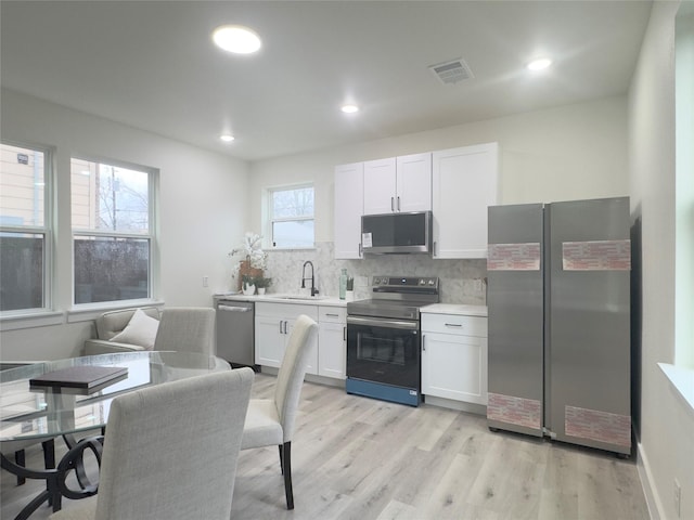 kitchen with white cabinets, sink, decorative backsplash, appliances with stainless steel finishes, and light hardwood / wood-style floors