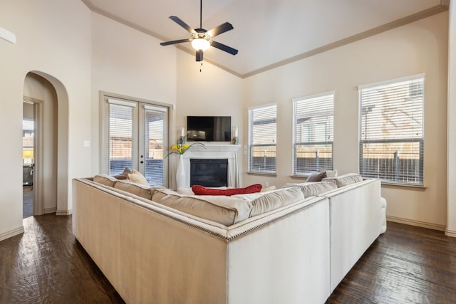 living room with ceiling fan, a healthy amount of sunlight, dark hardwood / wood-style flooring, and crown molding