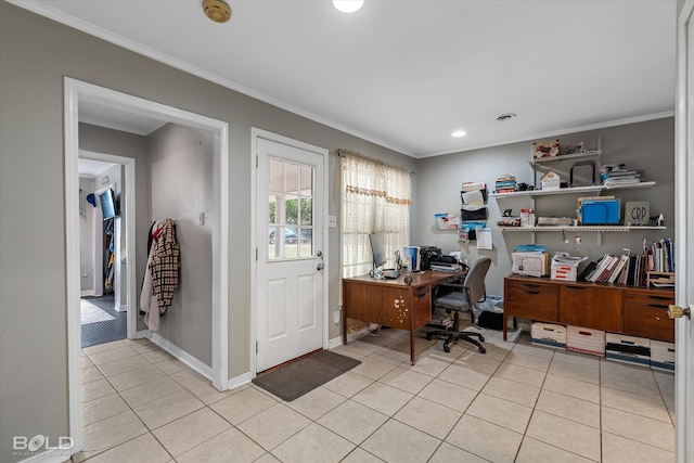 office space with light tile patterned floors and ornamental molding