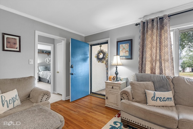 living room featuring light hardwood / wood-style flooring and crown molding