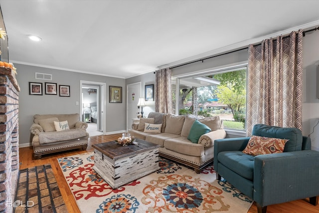 living room with wood-type flooring and crown molding