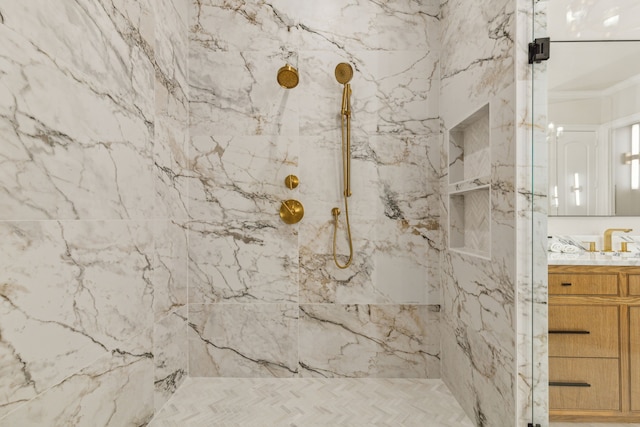549 Round Hollow Ln, Southlake, TX 76092 - bathroom with a marble finish shower, vanity, and crown molding