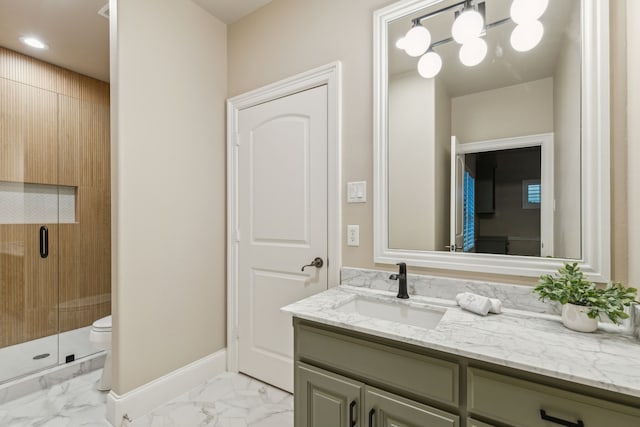 549 Round Hollow Ln, Southlake, TX 76092 - bathroom featuring marble finish flooring, vanity, a stall shower, a chandelier, and recessed lighting