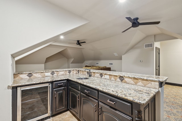 549 Round Hollow Ln, Southlake, TX 76092 - bar area featuring beverage cooler, ceiling fan, and vaulted ceiling