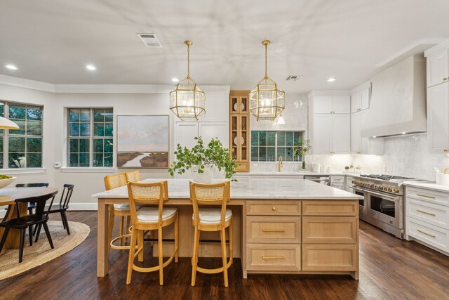 549 Round Hollow Ln, Southlake, TX 76092 - kitchen with stainless steel appliances, recessed lighting, a chandelier, custom range hood, and backsplash