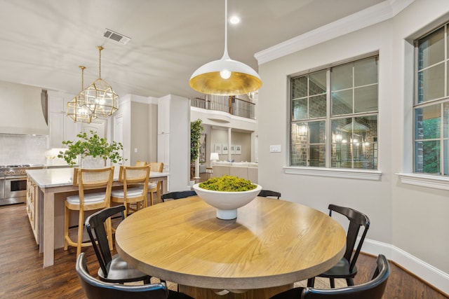 549 Round Hollow Ln, Southlake, TX 76092 - dining area featuring dark wood-style floors, crown molding, a chandelier, and recessed lighting
