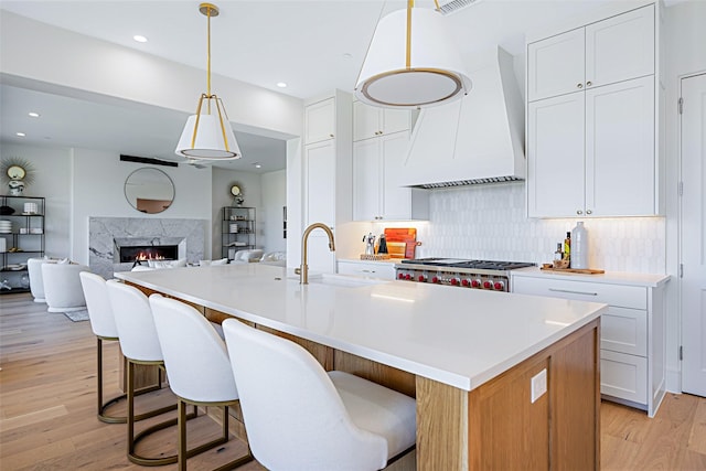 kitchen featuring light wood-style flooring, a sink, light countertops, an island with sink, and custom range hood